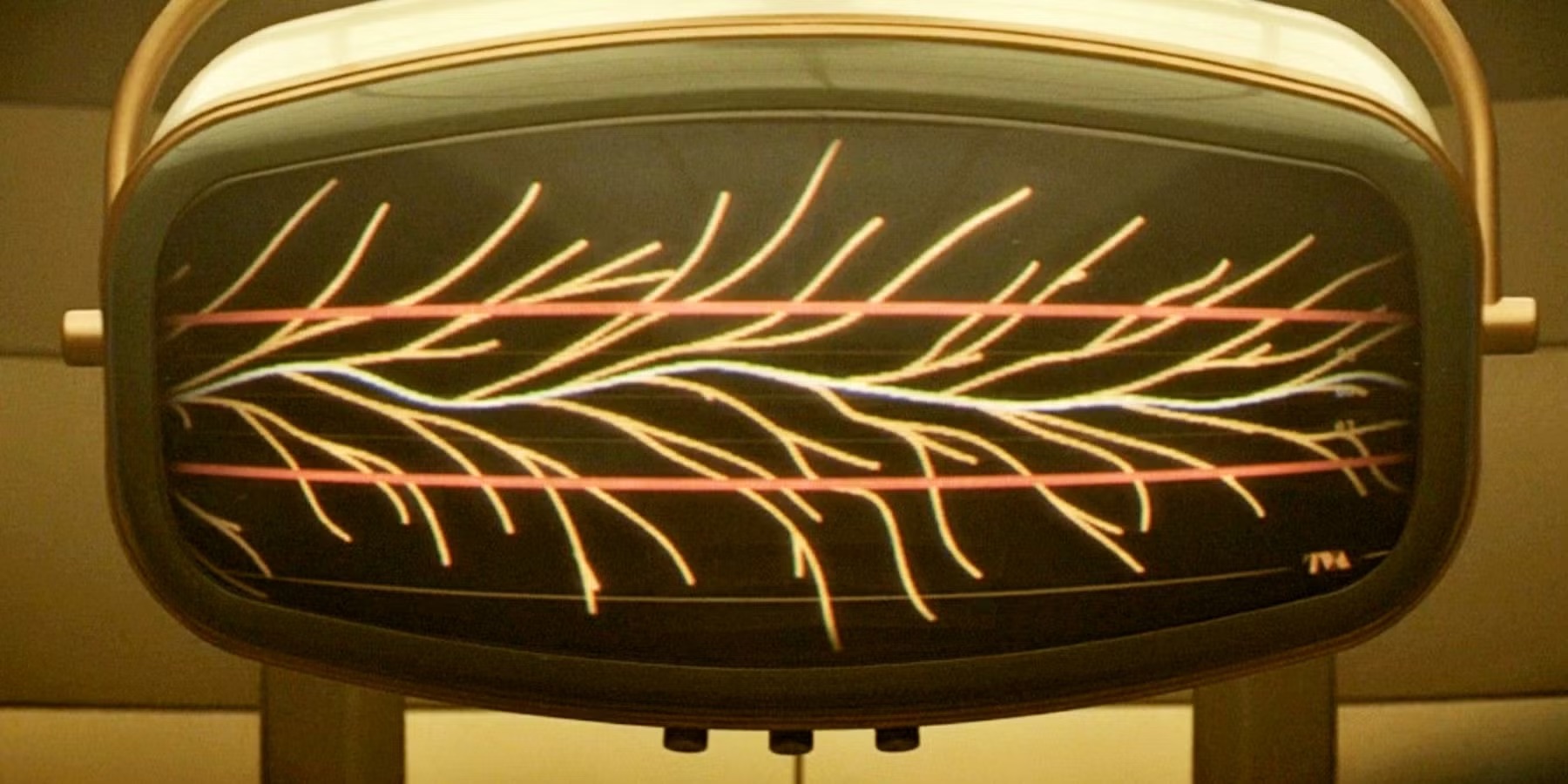 Retro display showing a branching timeline